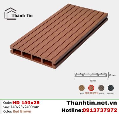 Sàn gỗ nhựa ngoài trời TPW 140x25-4S Red Brown